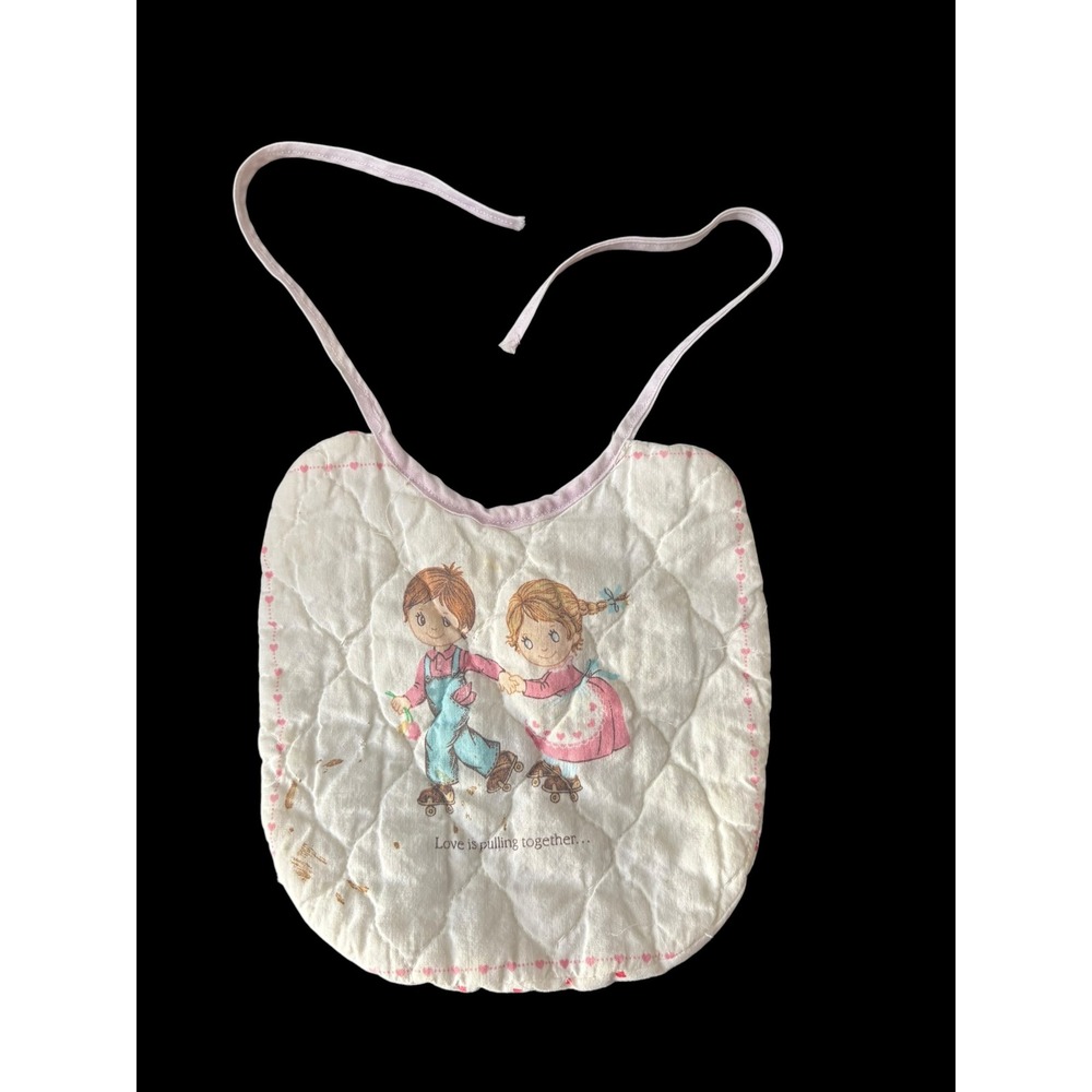 Vintage Baby Bib Love Is Pulling Together Roller Skating Kids Heart Print
